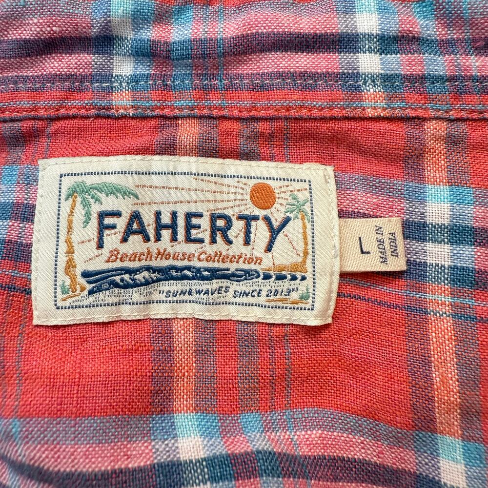 Men's Faherty Red Plaid Linen Long Sleeve Summer Button Down Size L - Picture 4 of 8
